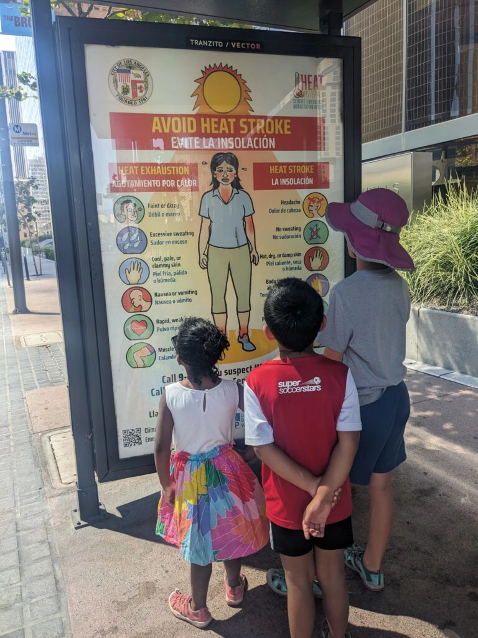 Guidelines on how to avoid heat stroke at an LA bust stop.